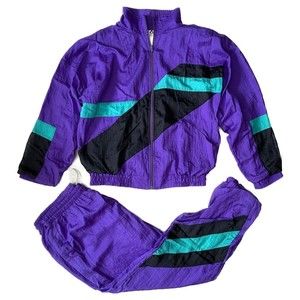 Vintage 80s 90s Tracksuit Size M-L Nylon Color Block Lined Zip Purple Retro